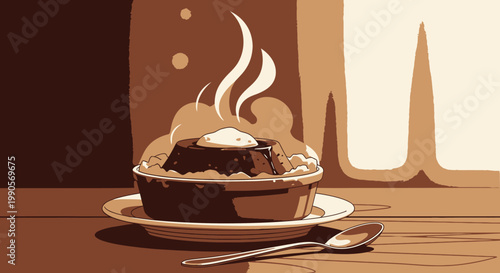 Steaming chocolate dessert in a bowl with spoon sepia toned illustration