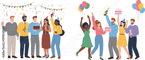 Diverse Group Of People Celebrating Birthday Party With Cake Balloons Confetti And Champagne Vector Illustration Set