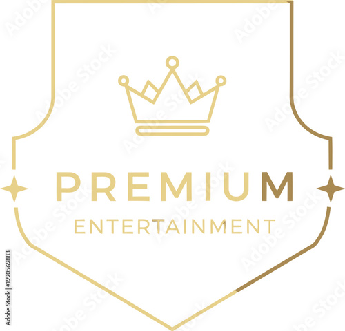 A sophisticated gold outline logo for premium entertainment businesses, featuring a regal crown and an elegant shield design on a dark background, representing quality and exclusive branding.