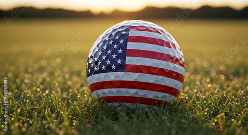 Golf ball with American flag stars and stripes on green grass during golden hour sunset, patriotic sports theme for Memorial Day, Veterans Day, or Fourth of July celebrations.