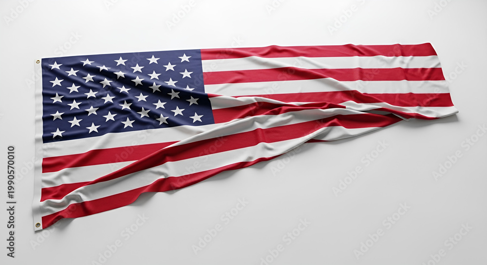 Fototapeta premium American flag draped on white surface, patriotic symbol of honor and remembrance for Memorial Day, Veterans Day, and July 4th, textured stars and stripes fabric for national