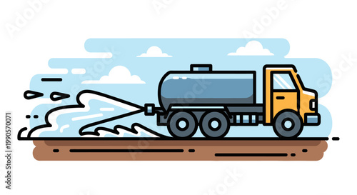 Water tank truck spraying water on the road with flat design