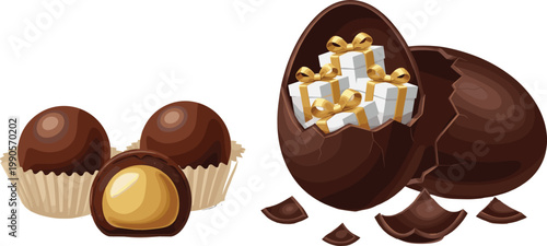 Chocolate Truffle Balls With Caramel Filling And Broken Easter Egg With Gift Boxes Inside Vector Illustration Set
