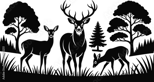 Majestic Deer Family Forest Woods Silhouette