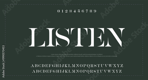 
Bold simple sans serif display font for logos headers or slogans, elegant vector thick and beautiful geometric typeface, uppercase letters alphabet with numbers, poster and advertising.