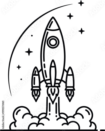 A sleek rocket takes off amidst stars and smoke, symbolizing a powerful startup business launch, project development, or exciting journey into new technological frontiers with innovation and success.