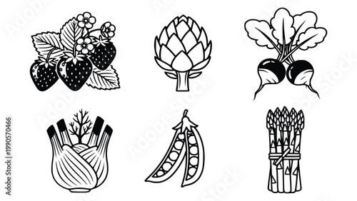 Fresh vegetable and fruit illustrations including strawberries, artichoke, turnips, garlic, peas, and asparagus
