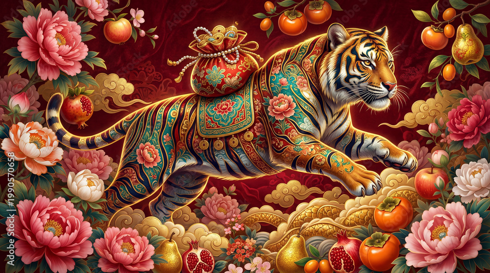 Fototapeta premium Rich festive illustration of a decorated tiger bringing fortune and joy, featuring traditional Chinese art styles and spring elements
