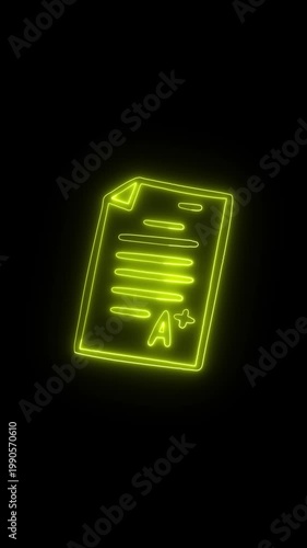 Neon glowing paper exam with value result A+ on a black background