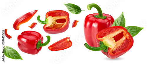 sliced red sweet bell peppers isolated on white background. clipping path