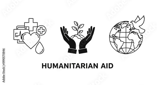 Humanitarian aid concept icons including medical help environmental care and global peace symbols.