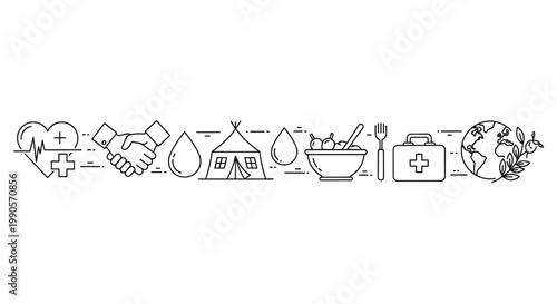 Set of humanitarian aid and charity line icons for social responsibility and global support.