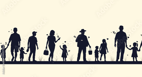 Silhouettes of Diverse Group of People and Families Walking Together.