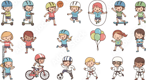 Cute Kids Doing Various Sports And Activities Including Cycling Basketball Skateboarding Soccer And Karate Cartoon Vector Character Set