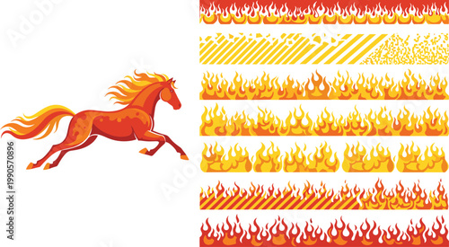 Flaming Fire Horse Running With Decorative Fire Border Patterns In Orange And Yellow Vector Illustration Design Set