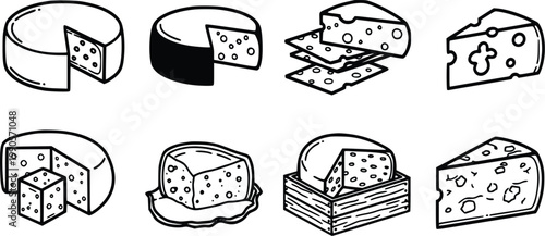 Various types of cheese illustrations in black and white