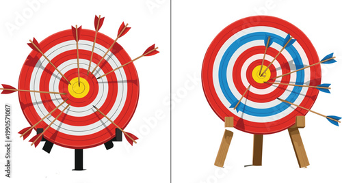 Archery Target Boards With Multiple Arrows Hitting Bullseye Red Blue And White Rings Vector Illustration Set