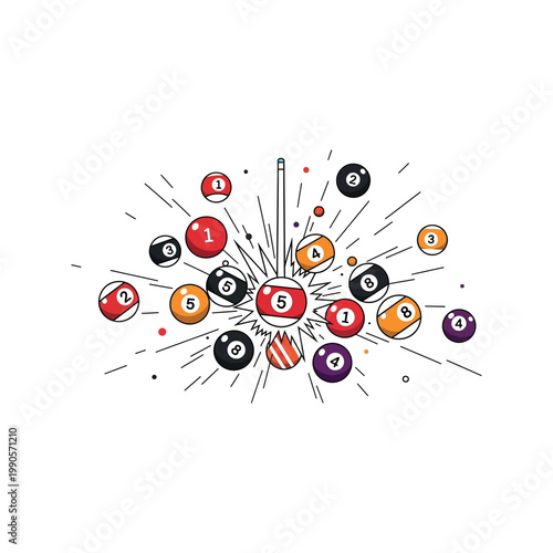 A vibrant illustration of billiard balls exploding outward with a cue stick.