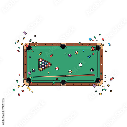 Colorful illustration of a pool table with balls and confetti scattered around it.