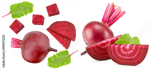 sliced beetroot with green leaf isolated on white background. clipping path