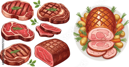 Grilled Beef Steak Cuts And Roasted Ham With Vegetables On Plate Watercolor Style Food Vector Illustration Set