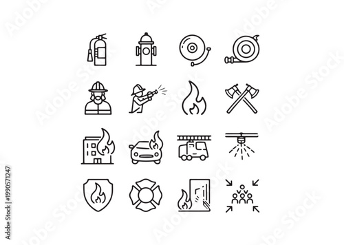 Firefighting icons, emergency response symbols, fire safety signs, 20 black line icons