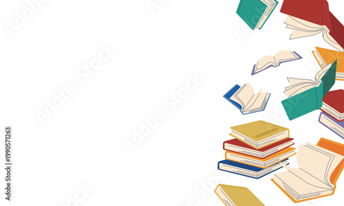 本や書類が積み上がった背景フレーム（左余白コピースペース）