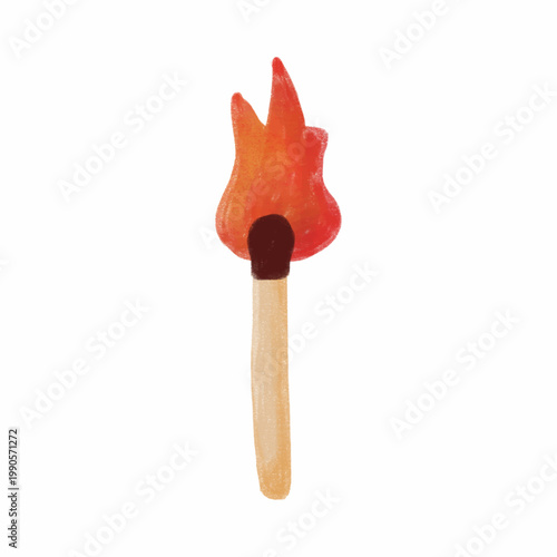 This image is a stylized watercolor illustration of a single burning match. It features a light-colored wooden stick topped with a dark brown head where a vibrant flame has ignited. 