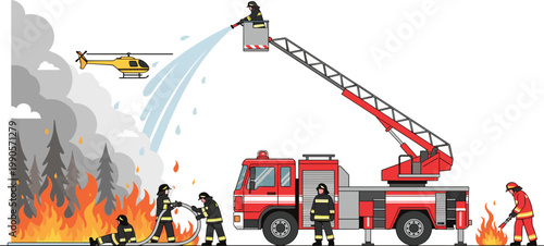 Firefighters Fighting Forest Fire With Ladder Truck And Helicopter Spraying Water On Flames Vector Illustration Scene