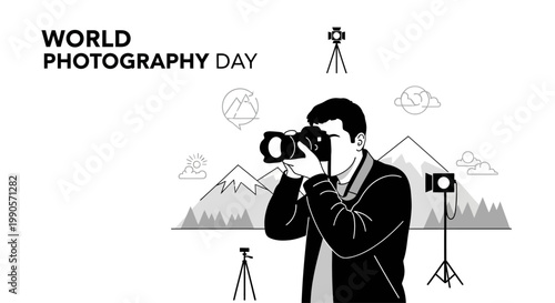 A black and white illustration of a professional photographer capturing a photo.
