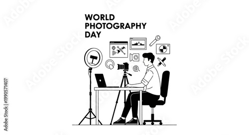 World Photography Day Celebration with Photographer at Desk.