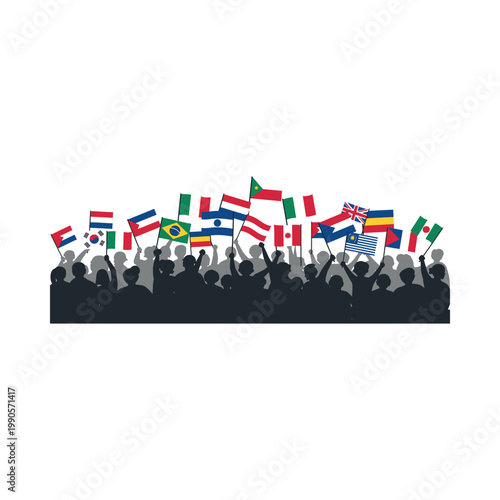 People from various countries hold their flags high in a crowd.