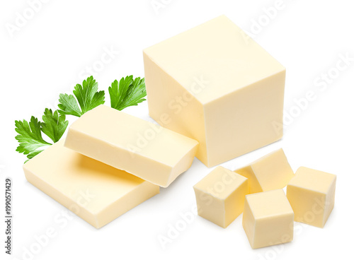 Pieces of butter isolated on white background. clipping path