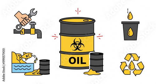 Industrial oil barrels and environmental hazard symbols.