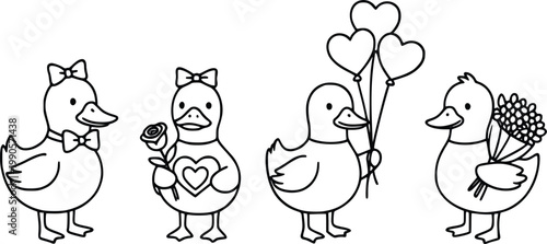 Four cute cartoon ducks with Valentine's Day symbols and gifts