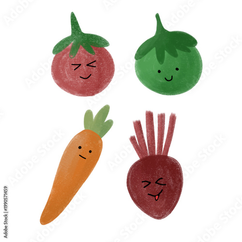 This illustration features a collection of charming and whimsical vegetable characters designed in a soft, hand-drawn watercolor style.