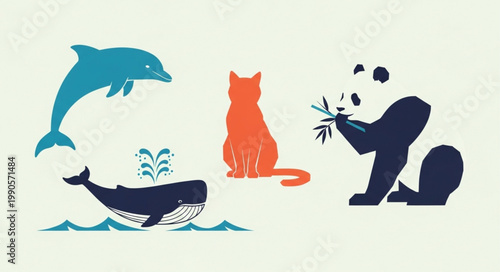 Collection of stylized animal illustrations including a dolphin whale cat and panda.