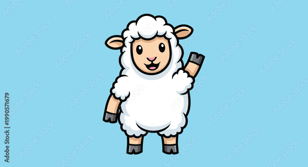 Fototapeta premium Cartoon sheep waving with bright blue background illustration
