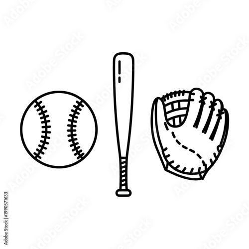 An illustration of a baseball, bat, and glove for sports equipment.