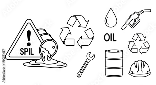 Oil spill and recycling symbols with industrial elements illustration.