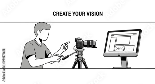 Man Directing Video Production with Camera and Computer.