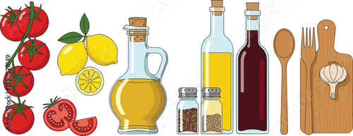 Fresh Kitchen Ingredients And Cooking Utensils Set With Tomatoes Lemons Olive Oil Spices And Wooden Cutting Board Vector Illustration