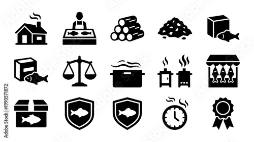Fish Smoking Business and Craft Silhouettes – Smokehouse, Market, Wood, Artisan Seafood Icons