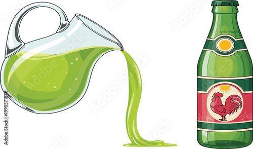 Green Liquid Pouring From Glass Pitcher Beside Decorative Rooster Label Bottle Vector Illustration Beverage Concept