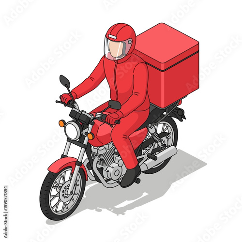 Delivery rider on motorcycle with large box speeding down city street