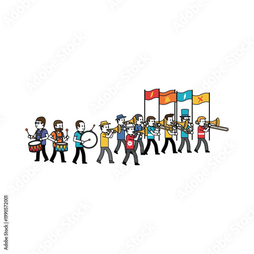 A colorful marching band parades with flags and instruments in a lively procession downtown.