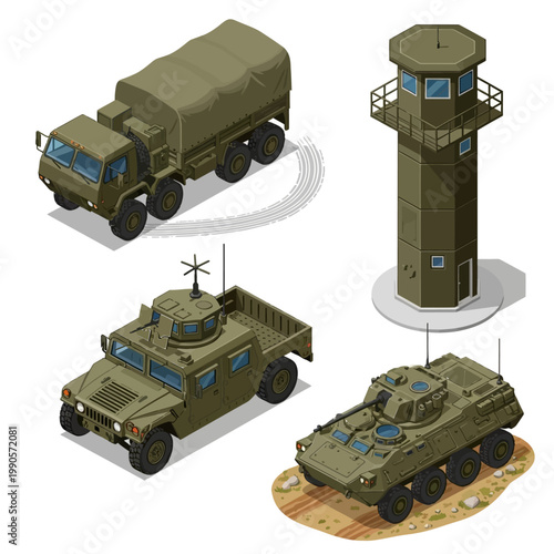 Military vehicles and a watchtower are displayed on a plain surface with a30384a4 reference