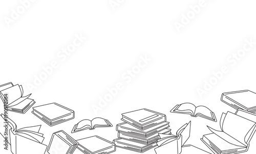 本や書類が積み上がった白黒線画背景フレーム（上余白コピースペース）