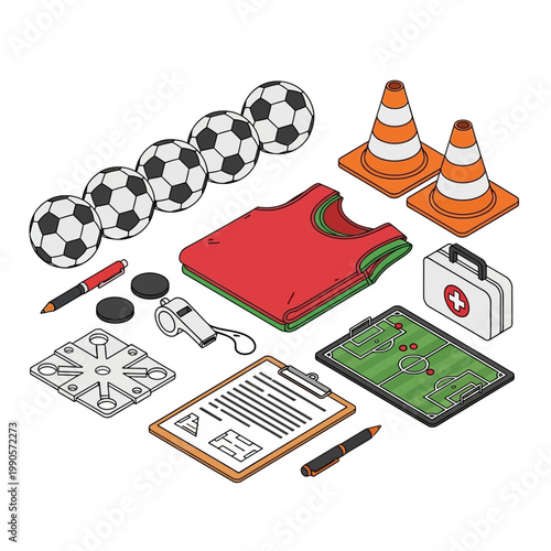Soccer equipment and referee tools laid out on a field for an upcoming match event