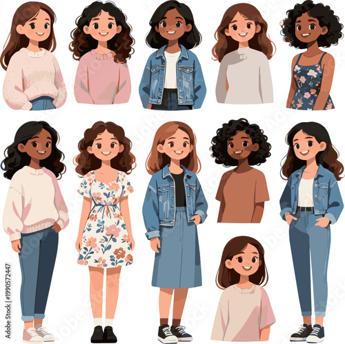 Create a realistic kinds of deferent cute girlfriend vector art with white background.